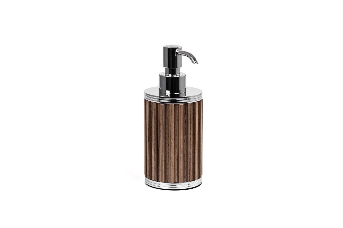 Pinetti | Woody Bathroom Set: Round bathroom accessories in wood with stainless steel or brass fittings in chrome, satin, or burnished finish — soap dispenser, toothbrush holder, boxes, bins, tray, and tissue box | The Bathroom | 2Jour Concierge, your luxury lifestyle shop | luxury bathroom set, Pinetti Woody, wood bathroom accessories, Italian bathroom collection, designer bathroom set, wood and metal bathroom