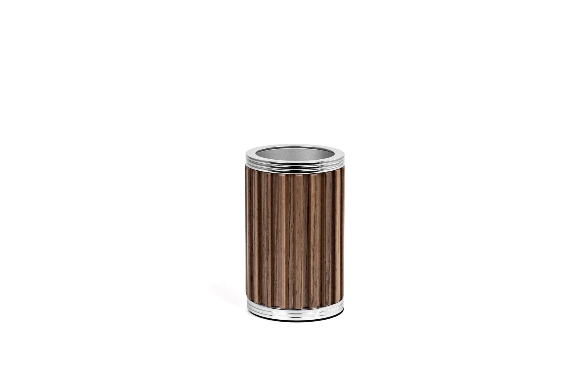 Pinetti | Woody Bathroom Set: Round bathroom accessories in wood with stainless steel or brass fittings in chrome, satin, or burnished finish — soap dispenser, toothbrush holder, boxes, bins, tray, and tissue box | The Bathroom | 2Jour Concierge, your luxury lifestyle shop | luxury bathroom set, Pinetti Woody, wood bathroom accessories, Italian bathroom collection, designer bathroom set, wood and metal bathroom