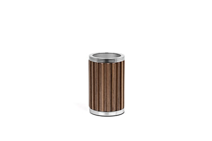 Pinetti | Woody Bathroom Set: Round bathroom accessories in wood with stainless steel or brass fittings in chrome, satin, or burnished finish — soap dispenser, toothbrush holder, boxes, bins, tray, and tissue box | The Bathroom | 2Jour Concierge, your luxury lifestyle shop | luxury bathroom set, Pinetti Woody, wood bathroom accessories, Italian bathroom collection, designer bathroom set, wood and metal bathroom