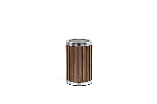 Pinetti | Woody Bathroom Set: Round bathroom accessories in wood with stainless steel or brass fittings in chrome, satin, or burnished finish — soap dispenser, toothbrush holder, boxes, bins, tray, and tissue box | The Bathroom | 2Jour Concierge, your luxury lifestyle shop | luxury bathroom set, Pinetti Woody, wood bathroom accessories, Italian bathroom collection, designer bathroom set, wood and metal bathroom