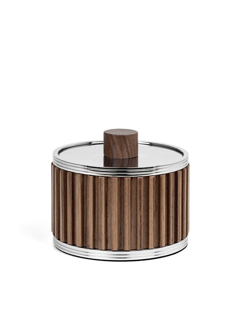 Pinetti | Woody Bathroom Set: Round bathroom accessories in wood with stainless steel or brass fittings in chrome, satin, or burnished finish — soap dispenser, toothbrush holder, boxes, bins, tray, and tissue box | The Bathroom | 2Jour Concierge, your luxury lifestyle shop | luxury bathroom set, Pinetti Woody, wood bathroom accessories, Italian bathroom collection, designer bathroom set, wood and metal bathroom