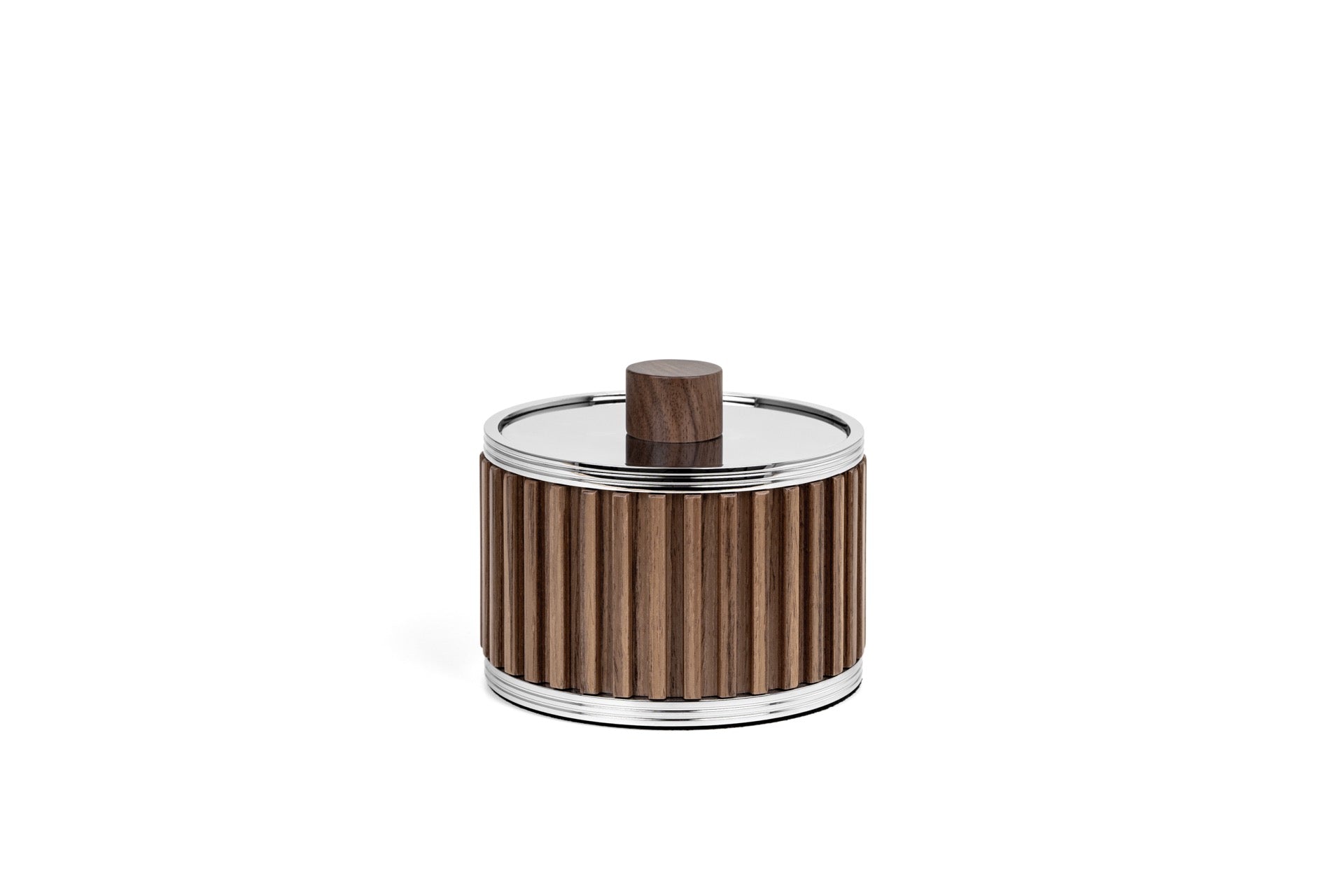 Pinetti | Woody Bathroom Set: Round bathroom accessories in wood with stainless steel or brass fittings in chrome, satin, or burnished finish — soap dispenser, toothbrush holder, boxes, bins, tray, and tissue box | The Bathroom | 2Jour Concierge, your luxury lifestyle shop | luxury bathroom set, Pinetti Woody, wood bathroom accessories, Italian bathroom collection, designer bathroom set, wood and metal bathroom