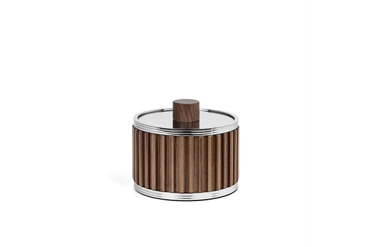 Pinetti | Woody Bathroom Set: Round bathroom accessories in wood with stainless steel or brass fittings in chrome, satin, or burnished finish — soap dispenser, toothbrush holder, boxes, bins, tray, and tissue box | The Bathroom | 2Jour Concierge, your luxury lifestyle shop | luxury bathroom set, Pinetti Woody, wood bathroom accessories, Italian bathroom collection, designer bathroom set, wood and metal bathroom
