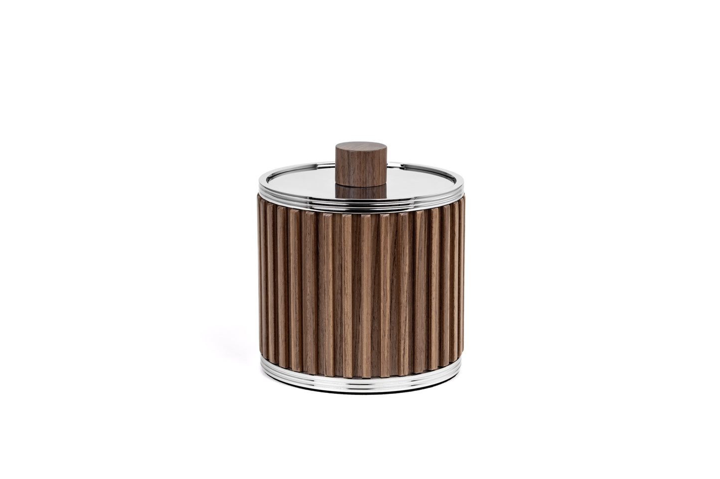 Pinetti | Woody Bathroom Set: Round bathroom accessories in wood with stainless steel or brass fittings in chrome, satin, or burnished finish — soap dispenser, toothbrush holder, boxes, bins, tray, and tissue box | The Bathroom | 2Jour Concierge, your luxury lifestyle shop | luxury bathroom set, Pinetti Woody, wood bathroom accessories, Italian bathroom collection, designer bathroom set, wood and metal bathroom