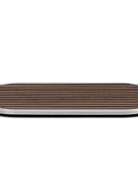 Pinetti | Woody Wood Tray: Oval wood bathroom tray with metal rim in chrome, satin, or burnished finish | Bathroom | 2Jour Concierge, your luxury lifestyle shop | luxury bathroom tray, Pinetti Woody, wood bathroom tray, oval bathroom tray, Italian luxury bathroom, designer bathroom accessories, wood vanity tray