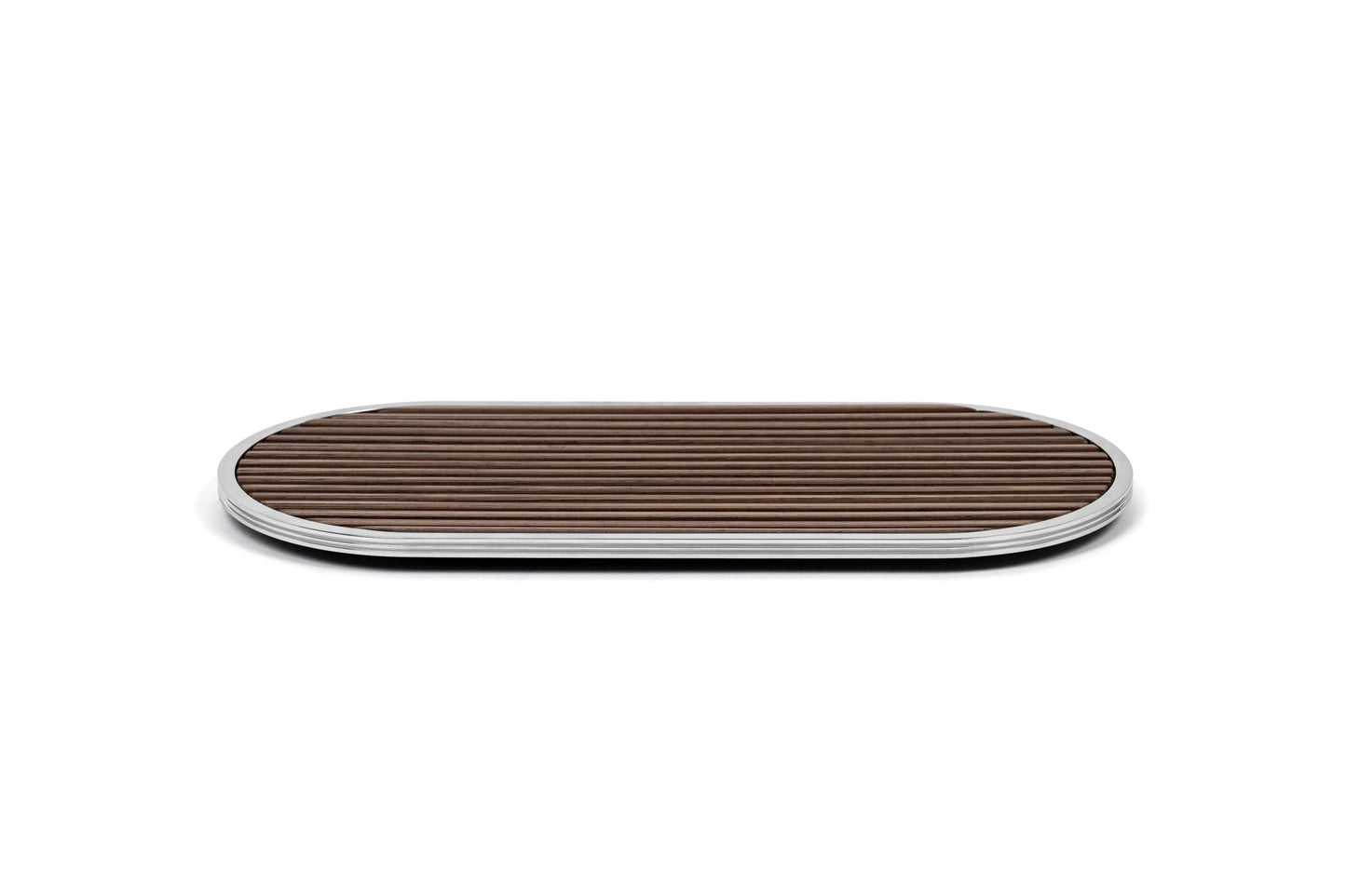 Pinetti | Woody Wood Tray: Oval wood bathroom tray with metal rim in chrome, satin, or burnished finish | Bathroom | 2Jour Concierge, your luxury lifestyle shop | luxury bathroom tray, Pinetti Woody, wood bathroom tray, oval bathroom tray, Italian luxury bathroom, designer bathroom accessories, wood vanity tray