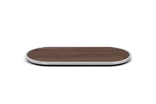 Pinetti | Woody Wood Tray: Oval wood bathroom tray with metal rim in chrome, satin, or burnished finish | Bathroom | 2Jour Concierge, your luxury lifestyle shop | luxury bathroom tray, Pinetti Woody, wood bathroom tray, oval bathroom tray, Italian luxury bathroom, designer bathroom accessories, wood vanity tray