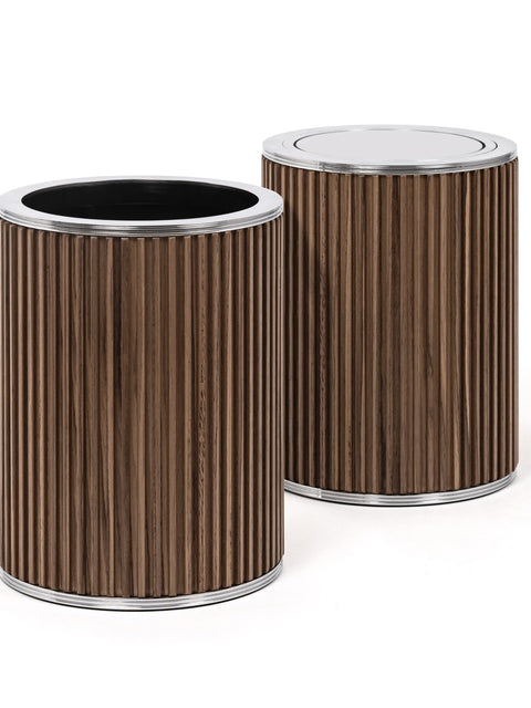Pinetti | Woody Wood Tilting Lid Bin: Round wood bin with tilting lid, metal accents in chrome, satin, or burnished finish | Bathroom | 2Jour Concierge, your luxury lifestyle shop | luxury bathroom bin, Pinetti Woody, wood waste bin, tilting lid bin, Italian luxury bathroom, designer bathroom bin, wood bathroom accessories