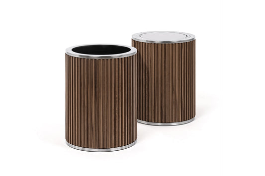 Pinetti | Woody Wood Tilting Lid Bin: Round wood bin with tilting lid, metal accents in chrome, satin, or burnished finish | Bathroom | 2Jour Concierge, your luxury lifestyle shop | luxury bathroom bin, Pinetti Woody, wood waste bin, tilting lid bin, Italian luxury bathroom, designer bathroom bin, wood bathroom accessories