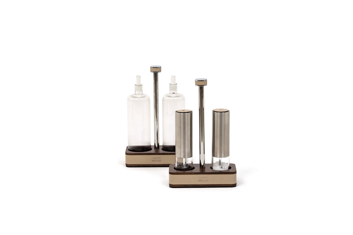 Pinetti | Adamante Oil and Vinegar Set: walnut wood with leather inserts | Table Accessories | 2Jour Concierge, your luxury lifestyle shop | oil and vinegar set, walnut cruet set, leather table accessories, Italian tableware