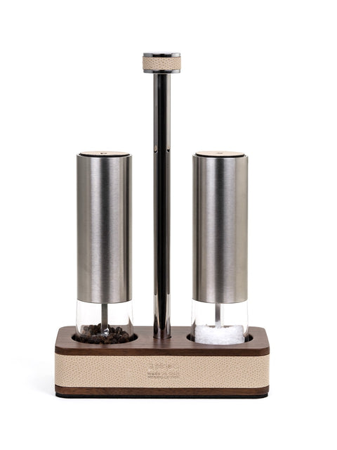 Pinetti | Adamante Salt and Pepper Set: brushed steel grinders in a walnut and leather stand | Table Accessories | 2Jour Concierge, your luxury lifestyle shop | salt and pepper grinder set, walnut leather stand, luxury salt and pepper mills, Italian tableware