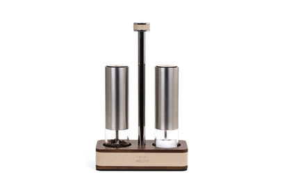 Pinetti | Adamante Salt and Pepper Set: brushed steel grinders in a walnut and leather stand | Table Accessories | 2Jour Concierge, your luxury lifestyle shop | salt and pepper grinder set, walnut leather stand, luxury salt and pepper mills, Italian tableware