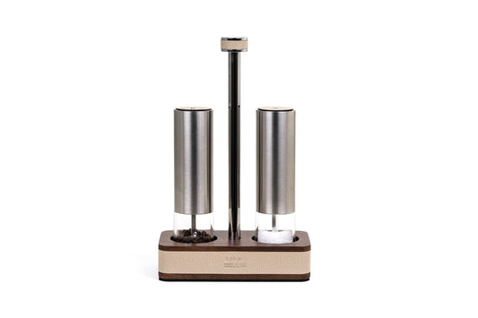 Pinetti | Adamante Salt and Pepper Set: brushed steel grinders in a walnut and leather stand | Table Accessories | 2Jour Concierge, your luxury lifestyle shop | salt and pepper grinder set, walnut leather stand, luxury salt and pepper mills, Italian tableware