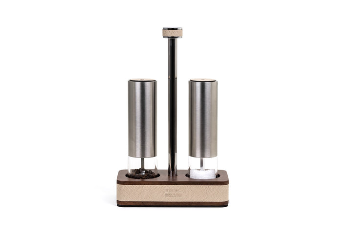Pinetti | Adamante Salt and Pepper Set: brushed steel grinders in a walnut and leather stand | Table Accessories | 2Jour Concierge, your luxury lifestyle shop | salt and pepper grinder set, walnut leather stand, luxury salt and pepper mills, Italian tableware