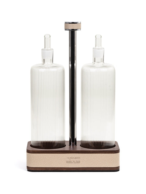 Pinetti | Adamante Oil and Vinegar Set: walnut wood with leather inserts | Table Accessories | 2Jour Concierge, your luxury lifestyle shop | oil and vinegar set, walnut cruet set, leather table accessories, Italian tableware