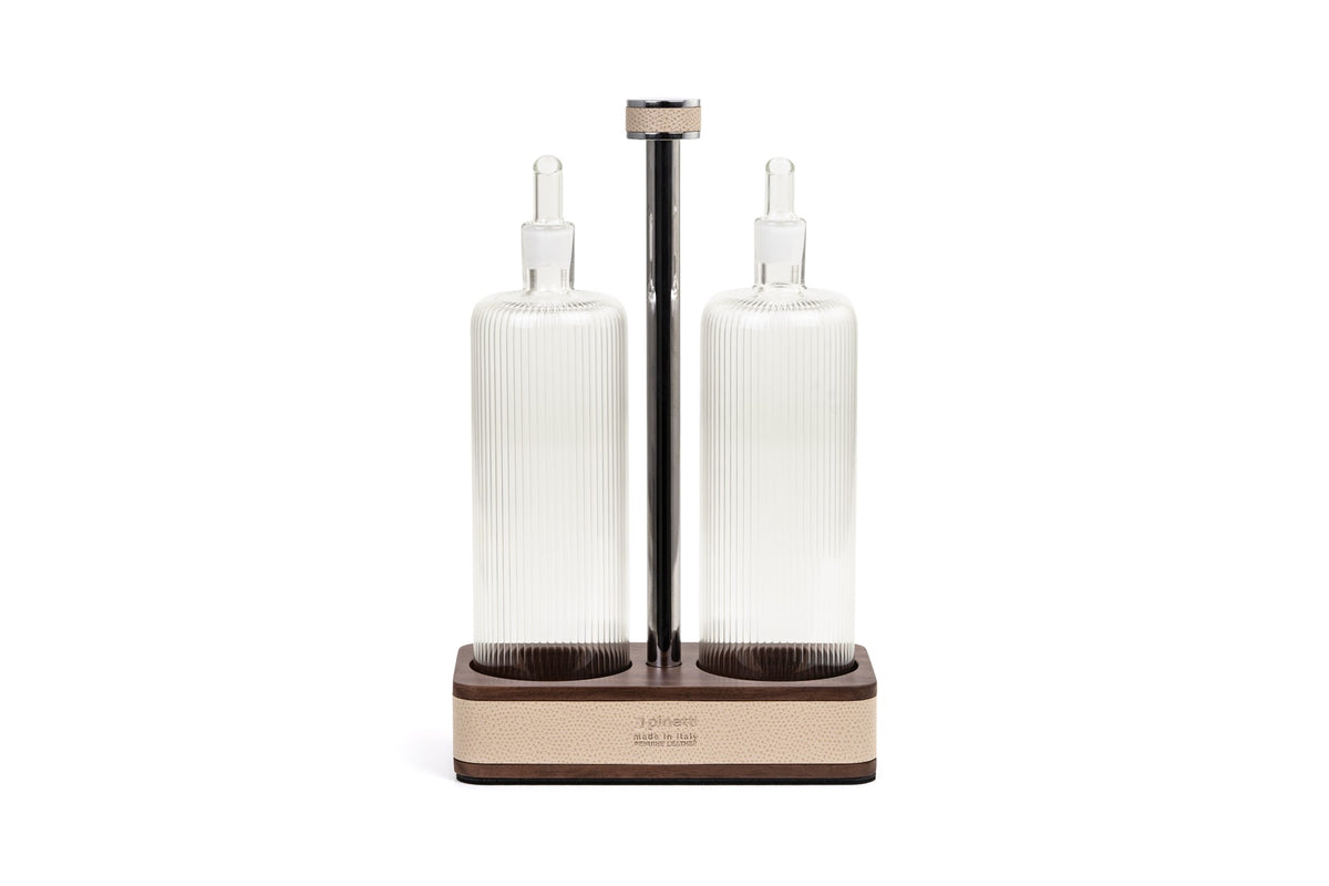 Pinetti | Adamante Oil and Vinegar Set: walnut wood with leather inserts | Table Accessories | 2Jour Concierge, your luxury lifestyle shop | oil and vinegar set, walnut cruet set, leather table accessories, Italian tableware
