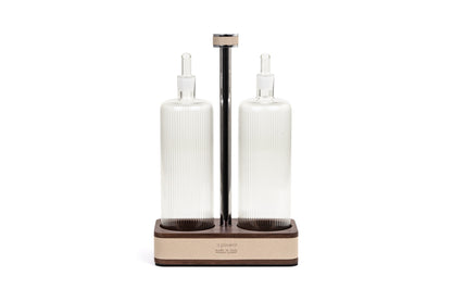 Pinetti | Adamante Oil and Vinegar Set: walnut wood with leather inserts | Table Accessories | 2Jour Concierge, your luxury lifestyle shop | oil and vinegar set, walnut cruet set, leather table accessories, Italian tableware