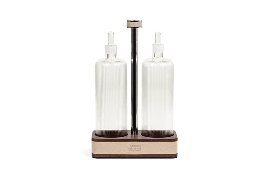 Pinetti | Adamante Oil and Vinegar Set: walnut wood with leather inserts | Table Accessories | 2Jour Concierge, your luxury lifestyle shop | oil and vinegar set, walnut cruet set, leather table accessories, Italian tableware