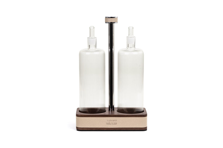 Pinetti | Adamante Oil and Vinegar Set: walnut wood with leather inserts | Table Accessories | 2Jour Concierge, your luxury lifestyle shop | oil and vinegar set, walnut cruet set, leather table accessories, Italian tableware