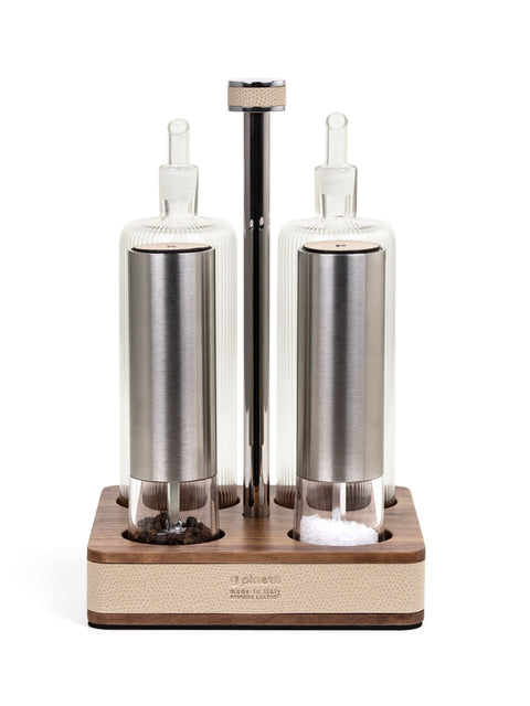 Adamante Walnut Wood Salt, Pepper, Oil and Vinegar Set With Leather Inserts