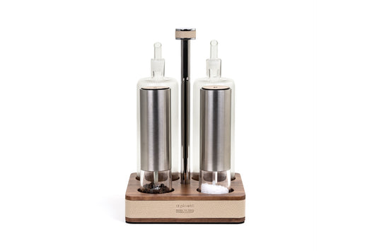 Adamante Walnut Wood Salt, Pepper, Oil and Vinegar Set With Leather Inserts