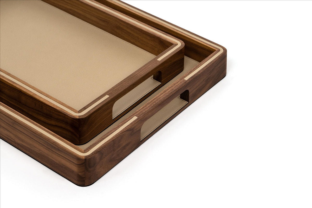 Pinetti | Adamante Tray: walnut wood tray with leather top and inlay, three sizes | Trays | 2Jour Concierge, your luxury lifestyle shop | Pinetti Adamante tray, walnut leather tray, luxury wooden tray, Italian designer tray