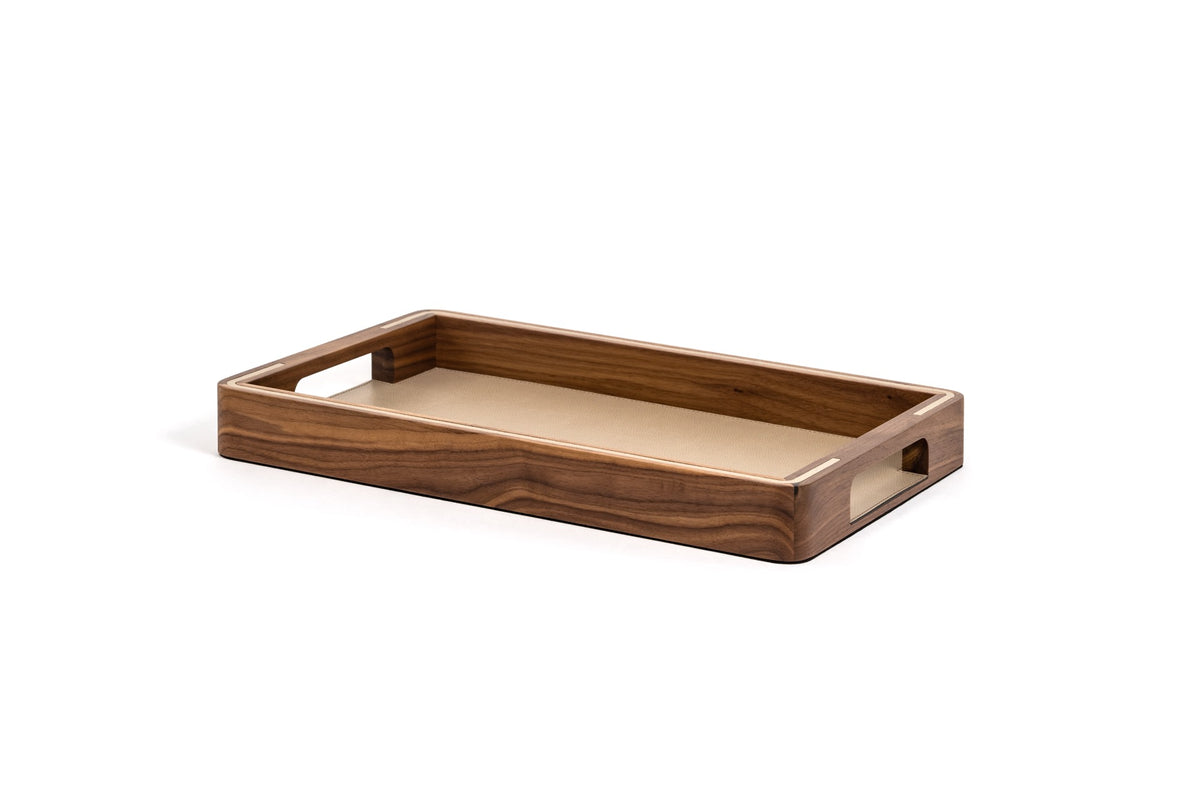 Pinetti | Adamante Tray: walnut wood tray with leather top and inlay, three sizes | Trays | 2Jour Concierge, your luxury lifestyle shop | Pinetti Adamante tray, walnut leather tray, luxury wooden tray, Italian designer tray