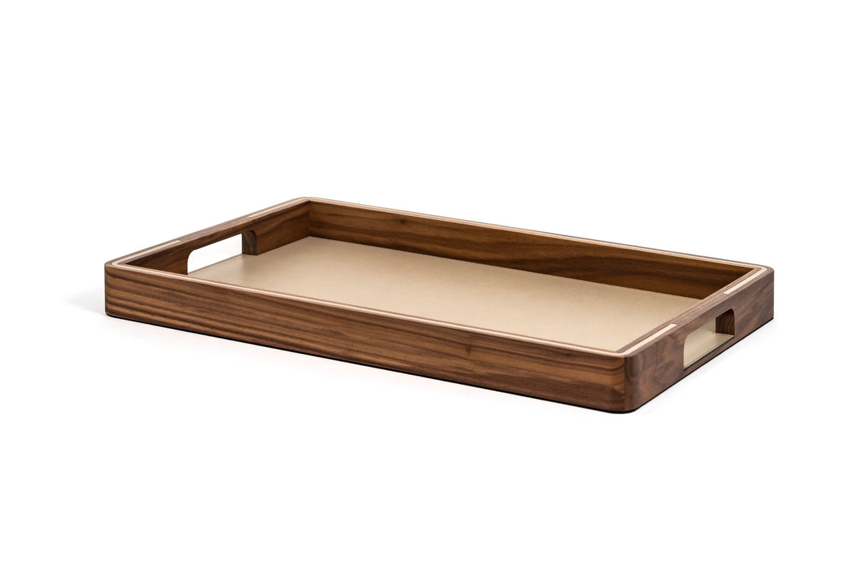 Pinetti | Adamante Tray: walnut wood tray with leather top and inlay, three sizes | Trays | 2Jour Concierge, your luxury lifestyle shop | Pinetti Adamante tray, walnut leather tray, luxury wooden tray, Italian designer tray