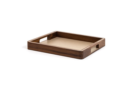 Pinetti | Adamante Tray: walnut wood tray with leather top and inlay, three sizes | Trays | 2Jour Concierge, your luxury lifestyle shop | Pinetti Adamante tray, walnut leather tray, luxury wooden tray, Italian designer tray