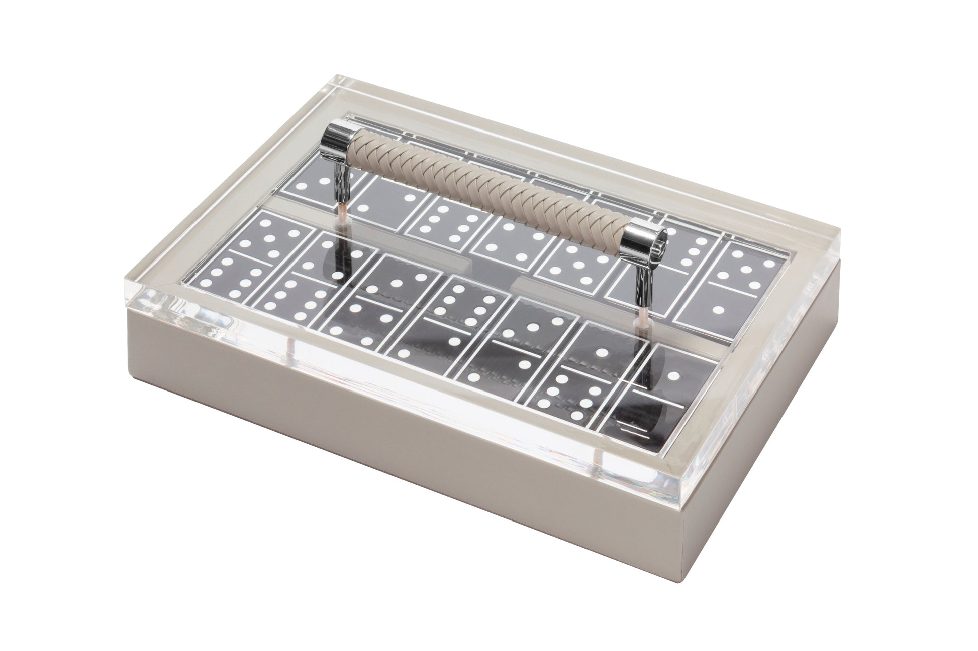 Riviere Diana Leather-Covered Domino Game Set With Acrylic Lid | Elegant Design with Acrylic Lid and Woven Leather Handle | Set Equipped with Highly Resistant Glossy Plexiglass Domino Pieces | Choose Between Black or White Finish | Explore a Range of Luxury Domino Game Sets at 2Jour Concierge, #1 luxury high-end gift & lifestyle shop