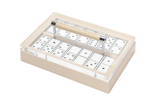 Riviere Diana Leather-Covered Domino Game Set With Acrylic Lid | Elegant Design with Acrylic Lid and Woven Leather Handle | Set Equipped with Highly Resistant Glossy Plexiglass Domino Pieces | Choose Between Black or White Finish | Explore a Range of Luxury Domino Game Sets at 2Jour Concierge, #1 luxury high-end gift & lifestyle shop