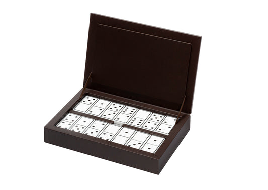 Riviere Eva Classic Domino Game Set in Leather Box With Stitched Padded Finish | Stylish Design with Padded Leather Lid | Set Equipped with Highly Resistant Glossy Plexiglass Domino Pieces | Choose Between Black or White Finish | Explore Luxury Domino Game Sets at 2Jour Concierge, #1 luxury high-end gift & lifestyle shop