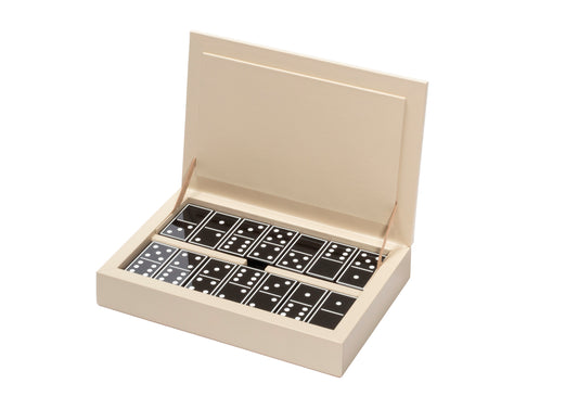 Riviere Eva Handwoven Leather-Covered Domino Game Set | Crafted with Handwoven Leather Lid | Set Equipped with Highly Resistant Glossy Plexiglass Domino Pieces | Choose Between Black or White Finish | Discover Luxury Domino Game Sets at 2Jour Concierge, #1 luxury high-end gift & lifestyle shop