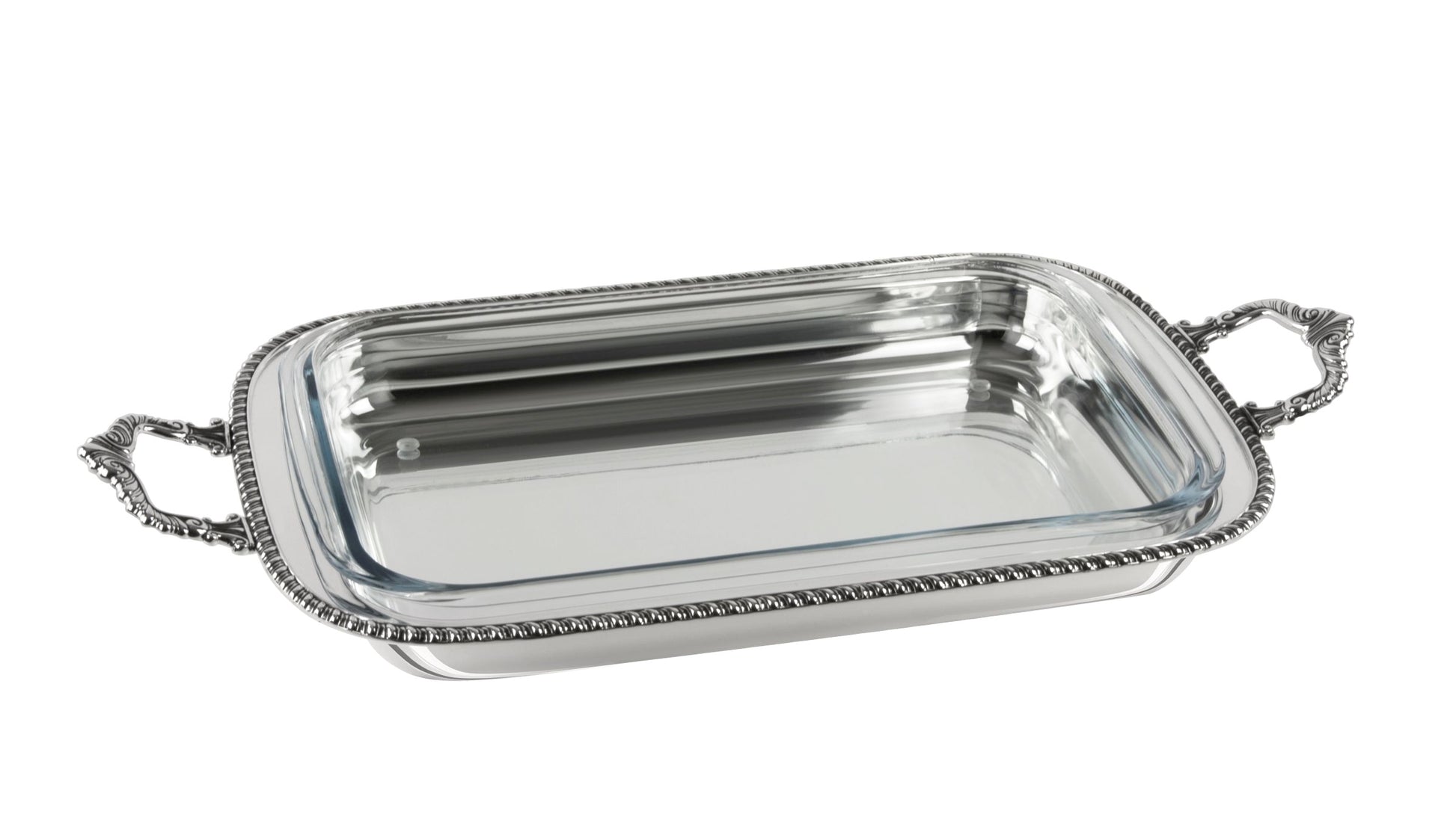 Zanetto Regina Anna | Rectangular Dish Container: Silver-plated metal with Pyrex glass and smooth, shiny finish, ideal for family-style serving | Tableware & Serveware / Dish Containers | 2Jour Concierge, your luxury lifestyle shop