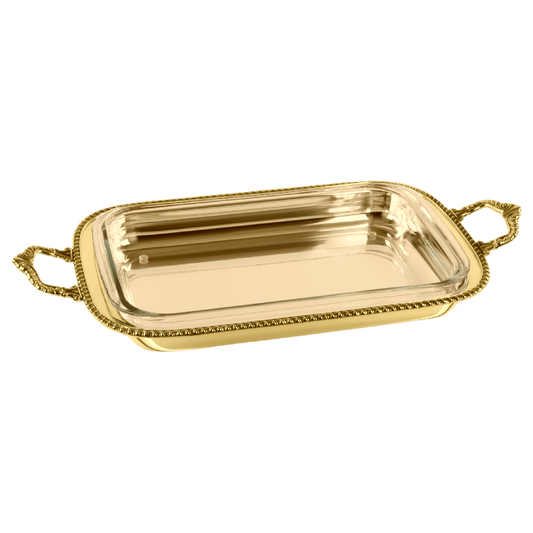 Zanetto Regina Anna | Rectangular Dish Container: Gold-plated metal with Pyrex glass and smooth, shiny finish, ideal for family-style serving | Tableware & Serveware / Dish Containers | 2Jour Concierge, your luxury lifestyle shop