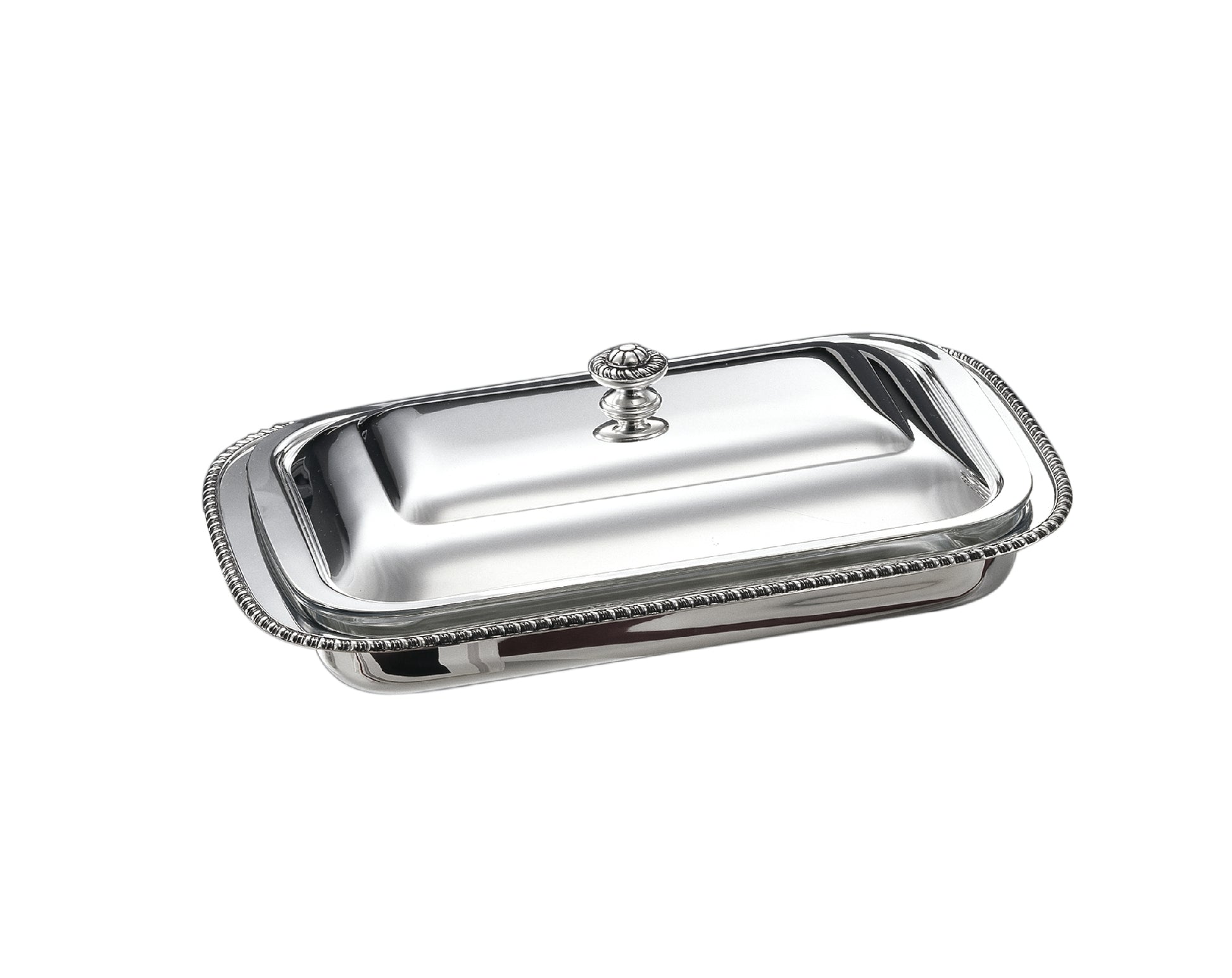 Zanetto Regina Anna | Rectangular Dish Container: Silver-plated metal with Pyrex glass and smooth, shiny finish, ideal for family-style serving | Tableware & Serveware / Dish Containers | 2Jour Concierge, your luxury lifestyle shop