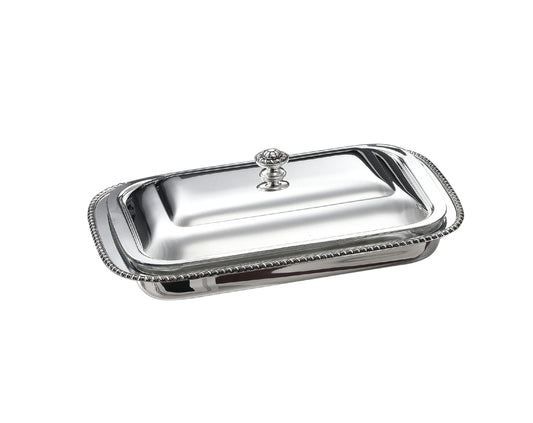 Zanetto Regina Anna | Rectangular Dish Container: Silver-plated metal with Pyrex glass and smooth, shiny finish, ideal for family-style serving | Tableware & Serveware / Dish Containers | 2Jour Concierge, your luxury lifestyle shop