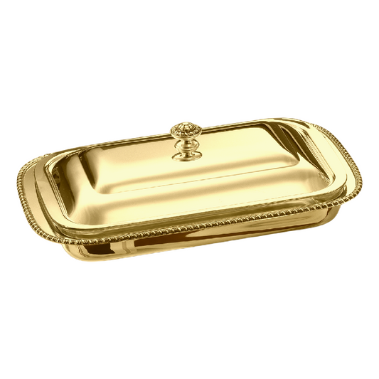 Zanetto Regina Anna | Rectangular Dish Container: Gold-plated metal with Pyrex glass and smooth, shiny finish, ideal for family-style serving | Tableware & Serveware / Dish Containers | 2Jour Concierge, your luxury lifestyle shop