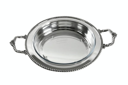 Zanetto Regina Anna | Round Dish Container with Handles: Silver-plated metal with Pyrex glass and smooth, shiny finish, ideal for family-style serving | Tableware & Serveware / Dish Containers | 2Jour Concierge, your luxury lifestyle shop