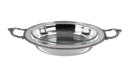 Zanetto Regina Anna | Round Dish Container with Handles: Silver-plated metal with Pyrex glass and smooth, shiny finish, ideal for family-style serving | Tableware & Serveware / Dish Containers | 2Jour Concierge, your luxury lifestyle shop
