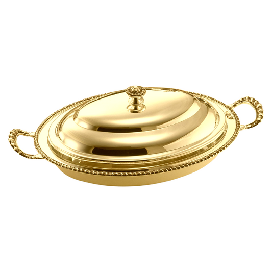 Zanetto Regina Anna | Oval Dish Container with Cover & Handles: Gold-plated metal with Pyrex glass and smooth, shiny finish, ideal for covered serving and display | Tableware & Serveware / Dish Containers | 2Jour Concierge, your luxury lifestyle shop