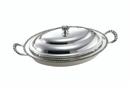 Zanetto Regina Anna | Oval Dish Container with Cover & Handles: Silver-plated metal with Pyrex glass and smooth, shiny finish, ideal for covered serving and display | Tableware & Serveware / Dish Containers | 2Jour Concierge, your luxury lifestyle shop