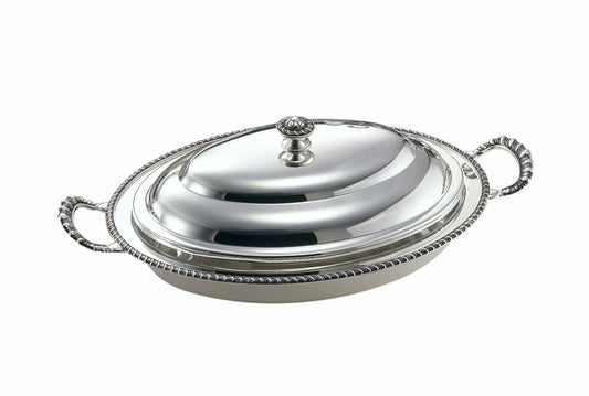 Zanetto Regina Anna | Oval Dish Container with Cover & Handles: Silver-plated metal with Pyrex glass and smooth, shiny finish, ideal for covered serving and display | Tableware & Serveware / Dish Containers | 2Jour Concierge, your luxury lifestyle shop