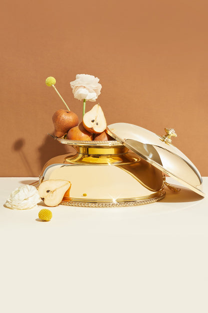Zanetto Regina Anna | Round Thermic Dish Container: Gold-plated exterior with stainless steel interior and crystal glass bowl, smooth & shiny finish, ideal for maintaining dish temperature elegantly | Tableware & Serveware / Thermal Dish Containers | 2Jour Concierge, your luxury lifestyle shop