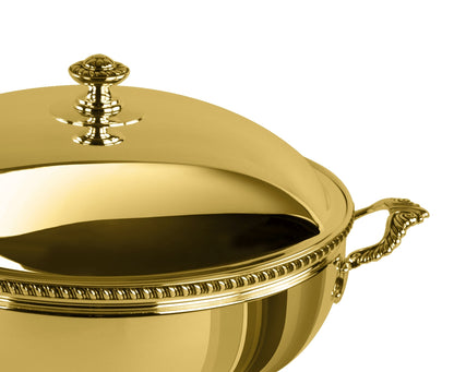 Zanetto Regina Anna | Round Thermic Dish Container: Gold-plated exterior with stainless steel interior and crystal glass bowl, smooth & shiny finish, ideal for maintaining dish temperature elegantly | Tableware & Serveware / Thermal Dish Containers | 2Jour Concierge, your luxury lifestyle shop