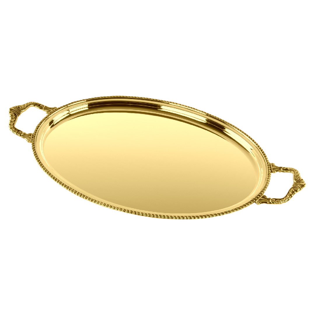Zanetto Regina Anna | Trays: Gold-plated metal with smooth & shiny finish, available in oval (42 × 30), oval with handles (47 (60) × 34), rectangular (42 × 29 & 33 × 22), rectangular with handles (51 (60) × 38), and round (dm 35), ideal for serving hors d’oeuvres, cocktails, and desserts elegantly | Tableware & Serveware / Trays | 2Jour Concierge, your luxury lifestyle shop