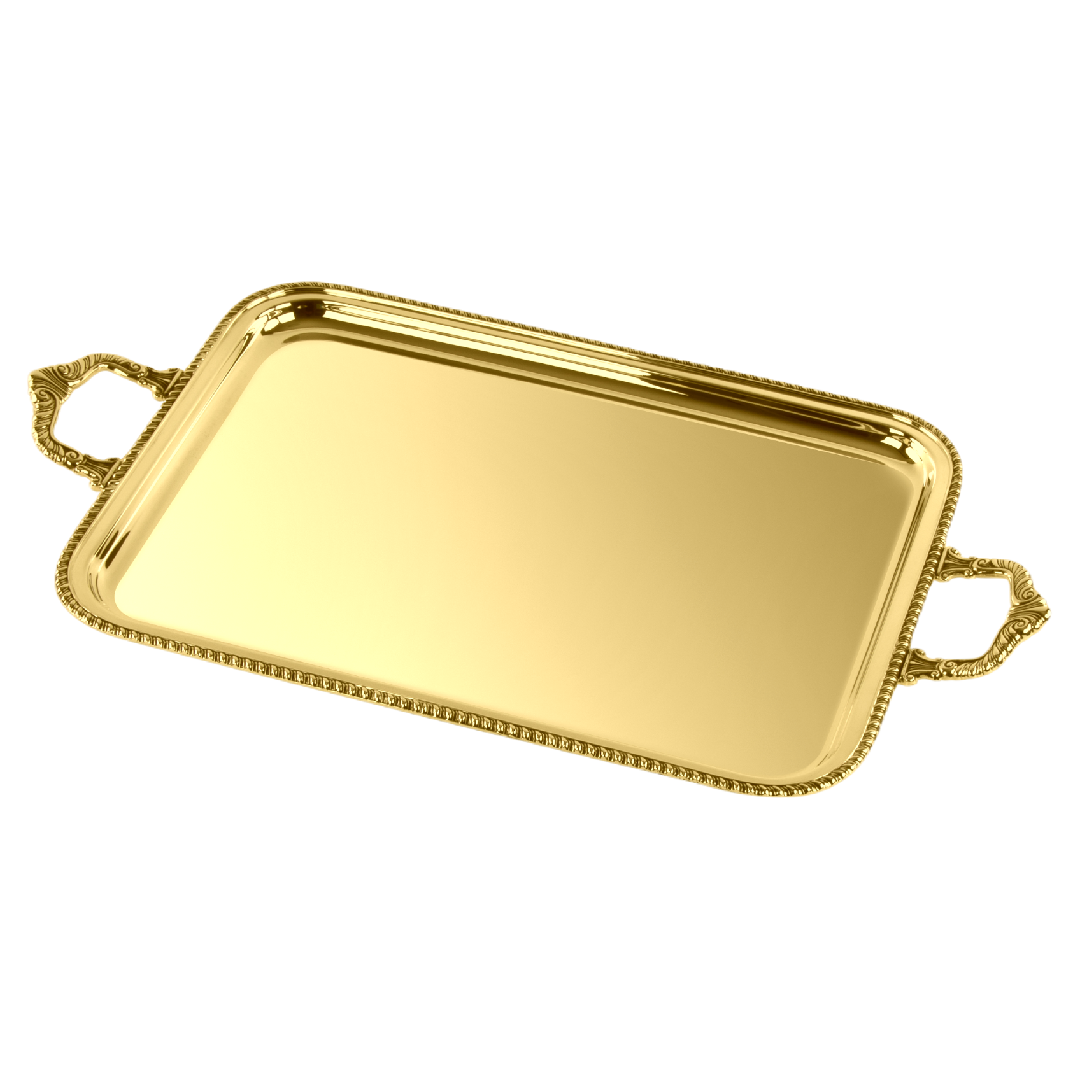 Zanetto Regina Anna | Trays: Gold-plated metal with smooth & shiny finish, available in oval (42 × 30), oval with handles (47 (60) × 34), rectangular (42 × 29 & 33 × 22), rectangular with handles (51 (60) × 38), and round (dm 35), ideal for serving hors d’oeuvres, cocktails, and desserts elegantly | Tableware & Serveware / Trays | 2Jour Concierge, your luxury lifestyle shop