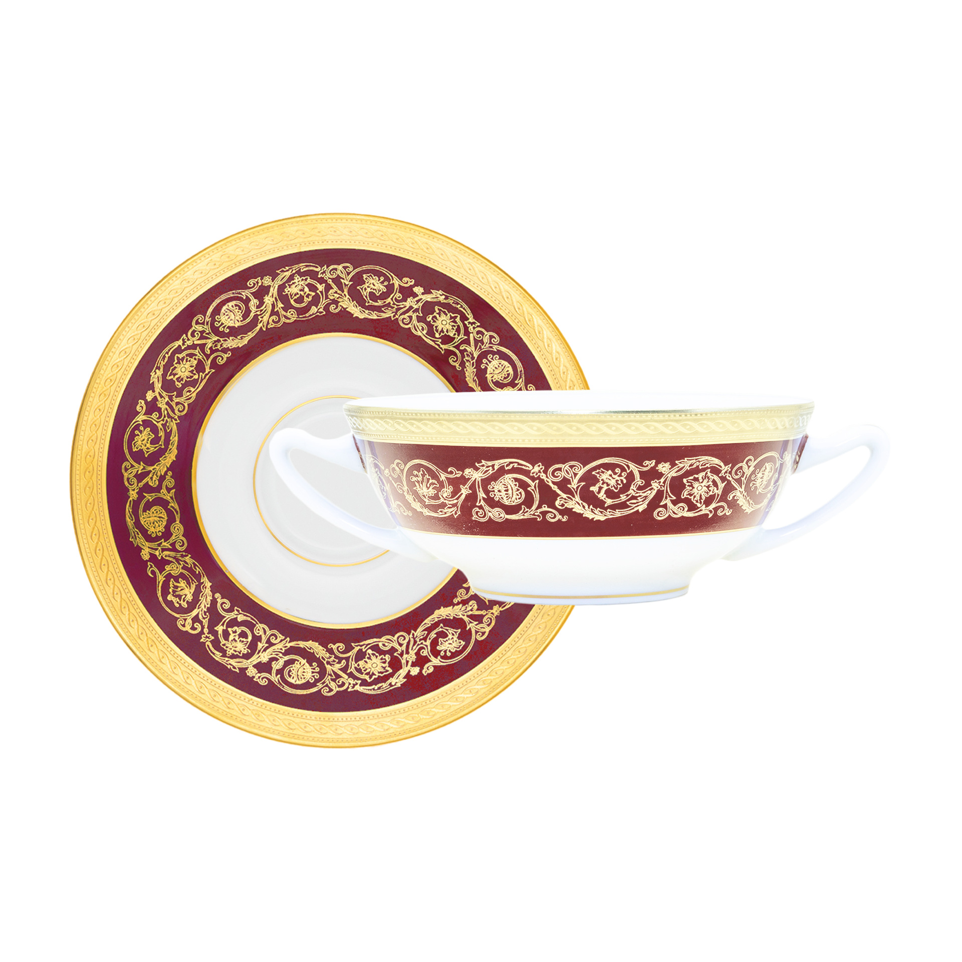 Haviland Parlon Ambassade | Cream Soup Bowl & Saucer: Fine Limoges porcelain with ornamental border motif and smooth, glazed finish, ideal for serving cream soups, consommés, or elegant starters | Tableware & Serveware / Bowls | 2Jour Concierge, your luxury lifestyle shop**