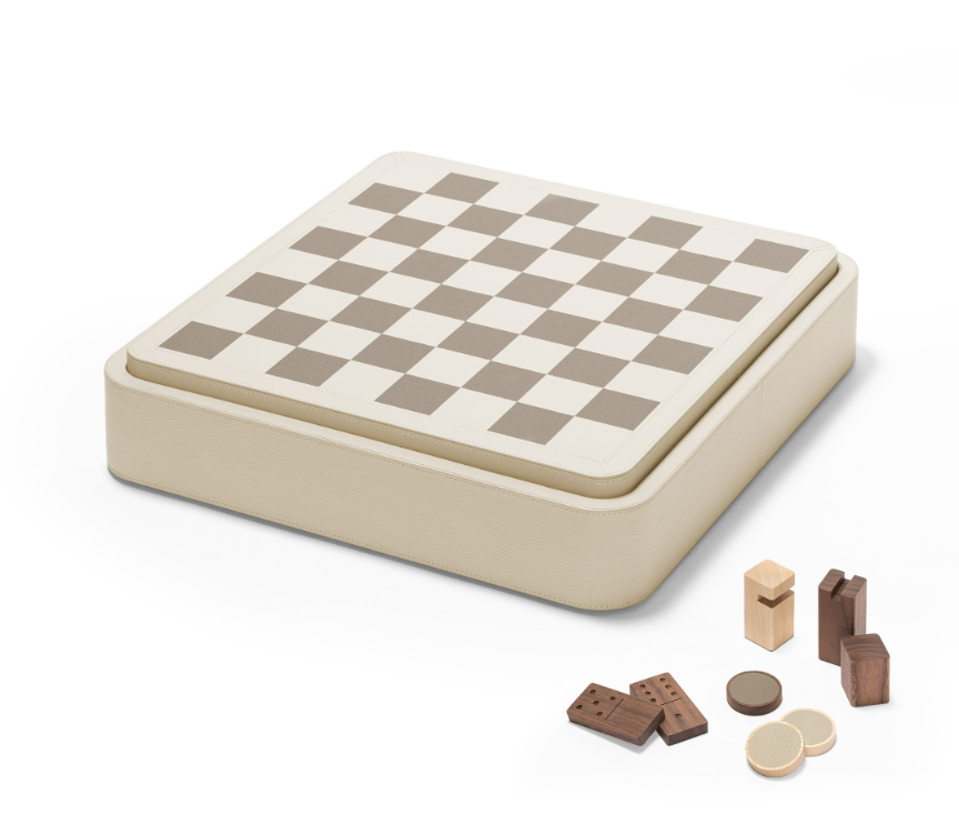 x Poltrona Frau Leather-Covered Wood Triple Game Compendium (chess, draughts, domino)