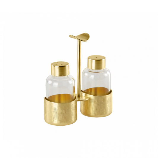 Velvet 1 Light Gold Salt and Pepper Holder by Zanetto | Features "Velvet" hammering technique. Made of light gold brass, varnished with a matte finish, and includes crystal glass. | Tableware and Dining Accessories | 2Jour Concierge, your luxury lifestyle shop